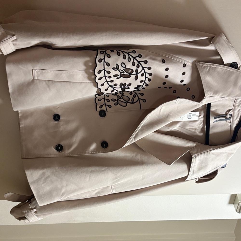 Embroidered Beige short Trench Coat - Women's Plus - Picture 2 of 6